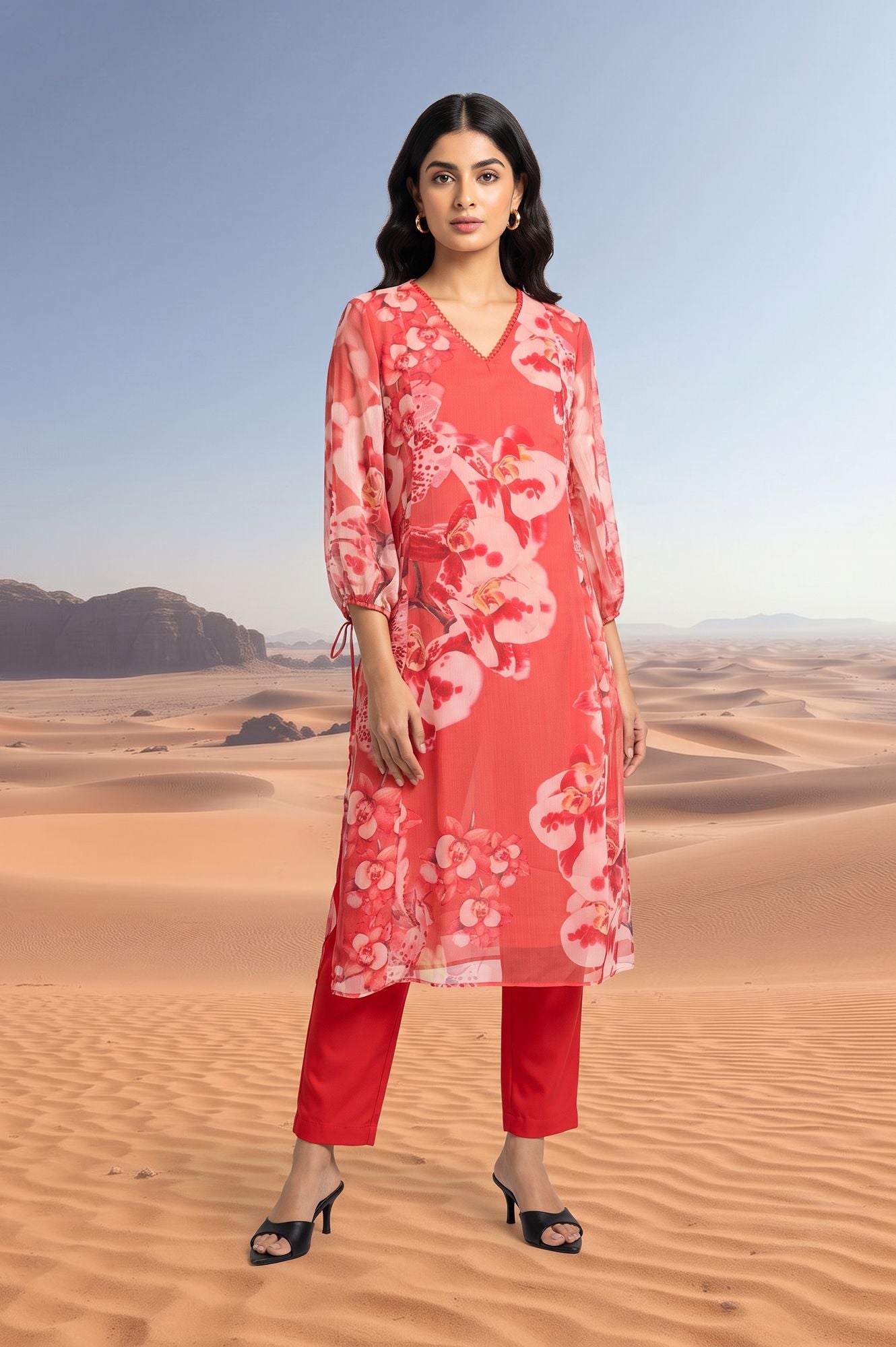 Red Floral Printed Chiffon Straight Kurta