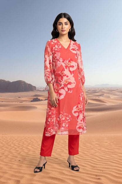 Red Floral Printed Chiffon Straight Kurta