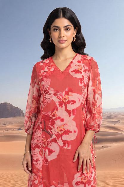Red Floral Printed Chiffon Straight Kurta