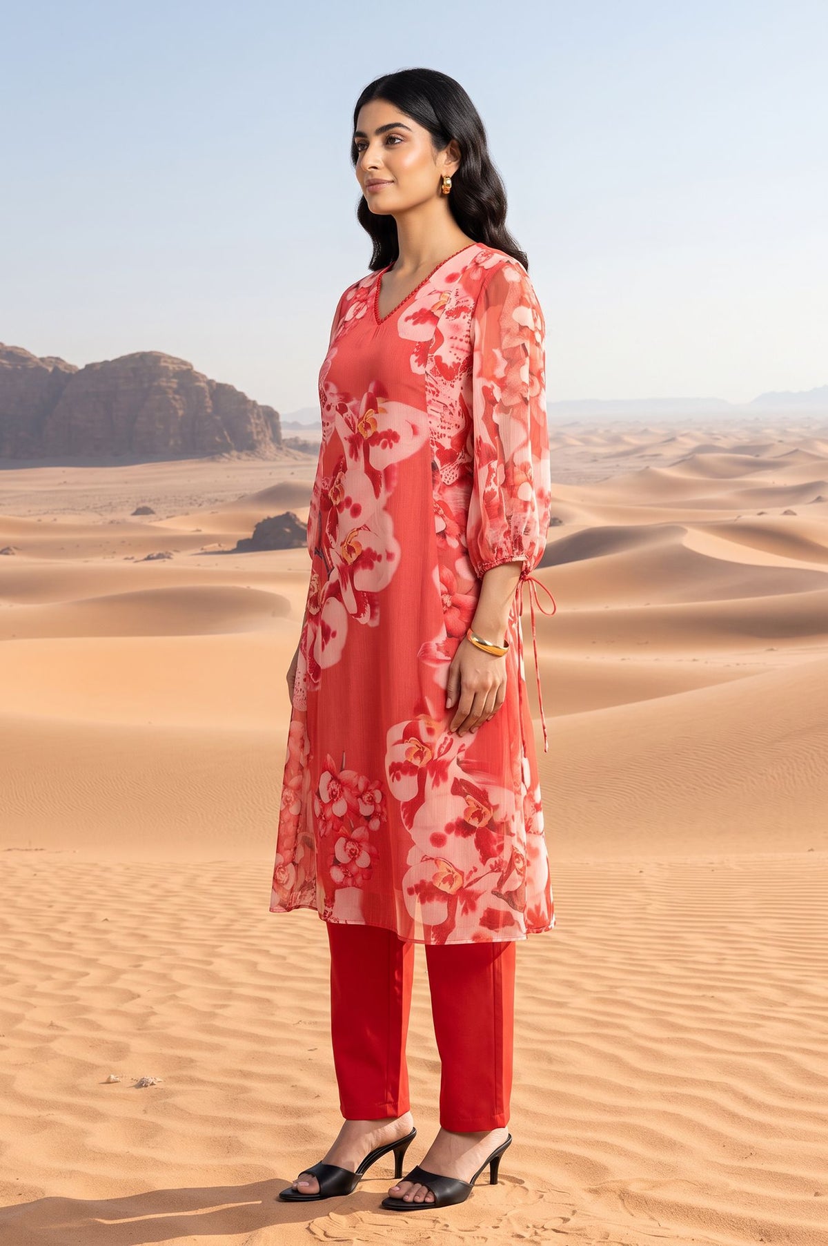 Red Floral Printed Chiffon Straight Kurta