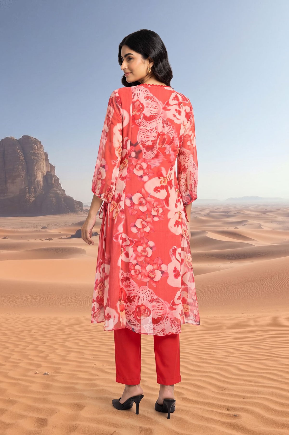 Red Floral Printed Chiffon Straight Kurta