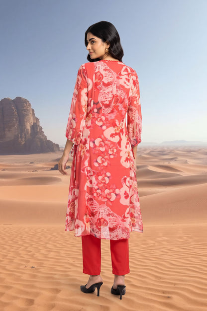 Red Floral Printed Chiffon Straight Kurta