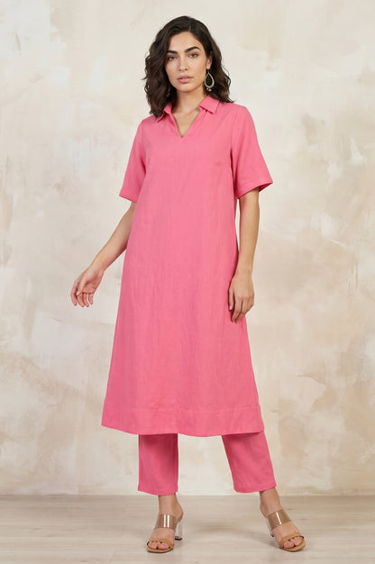 Pink Solid A-line Shirt Collar Kurta
