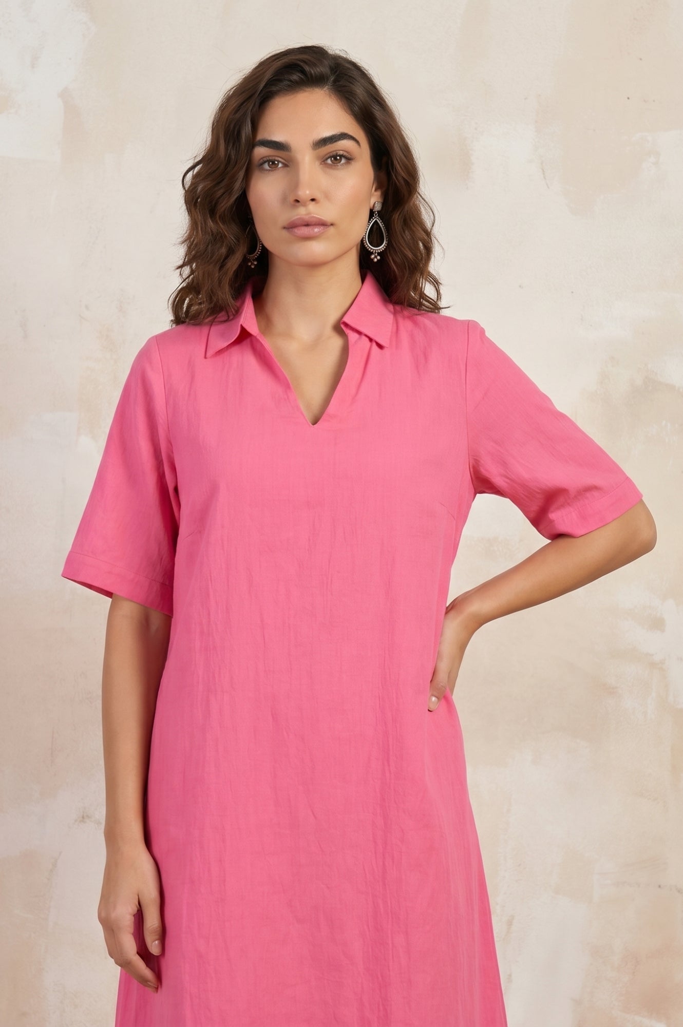 Pink Solid A-line Shirt Collar Kurta
