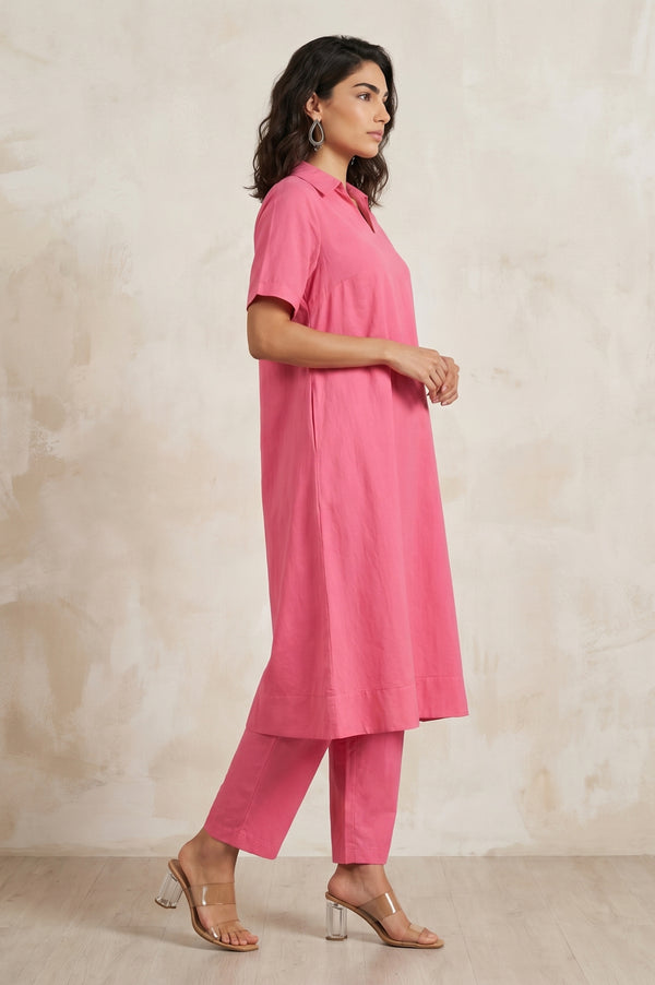 Pink Solid A-line Shirt Collar Kurta