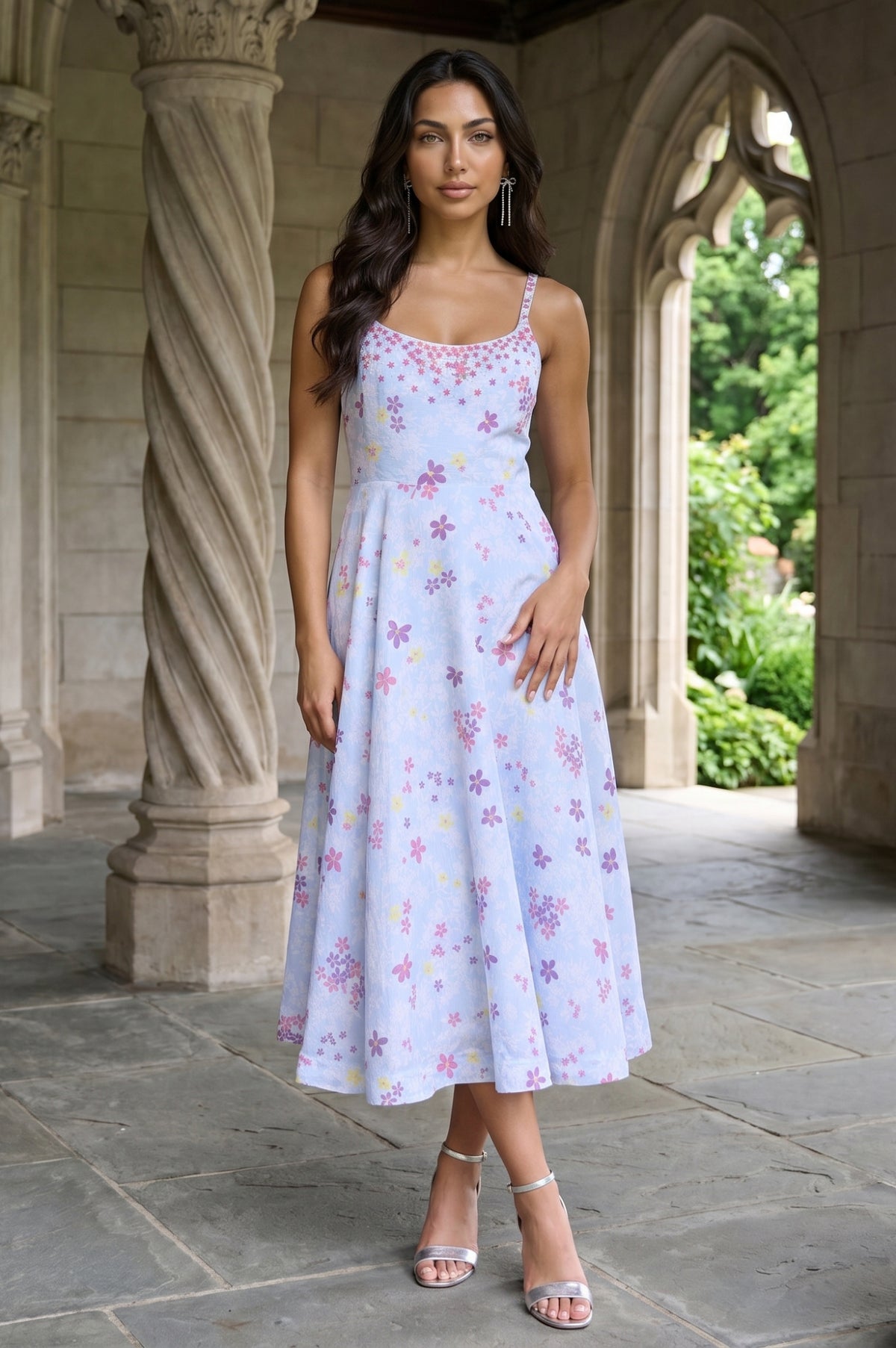 Light Blue Floral Printed Sleeveless Chanderi Flared Western Dress - M