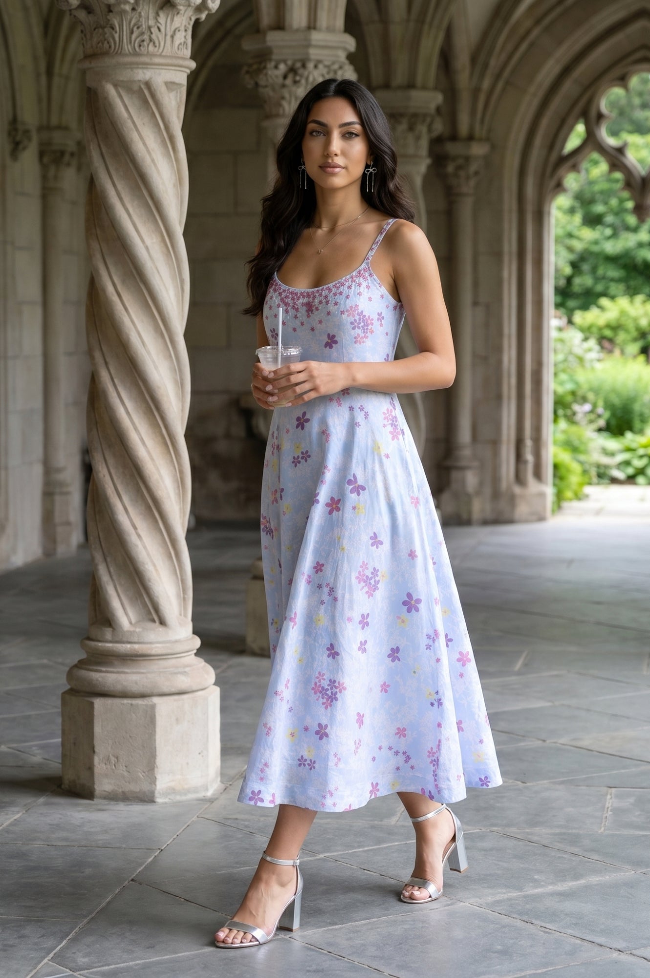 Light Blue Floral Printed Sleeveless Chanderi Flared Western Dress