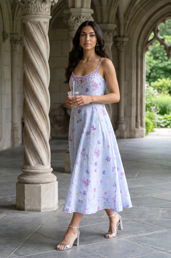 Light Blue Floral Printed Sleeveless Chanderi Flared Western Dress
