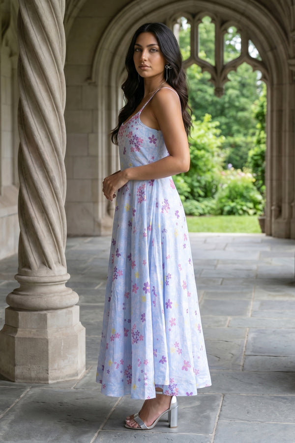 Light Blue Floral Printed Sleeveless Chanderi Flared Western Dress