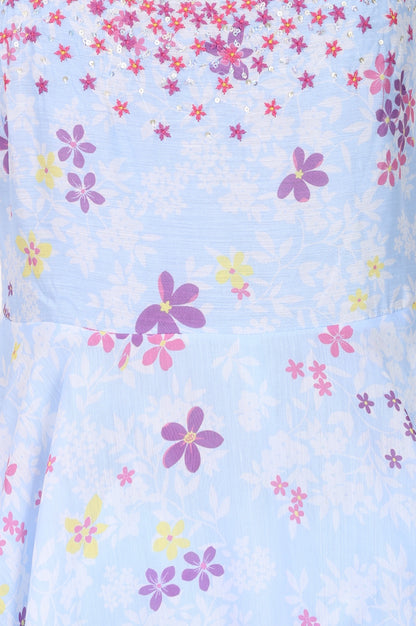 Light Blue Floral Printed Sleeveless Chanderi Flared Western Dress