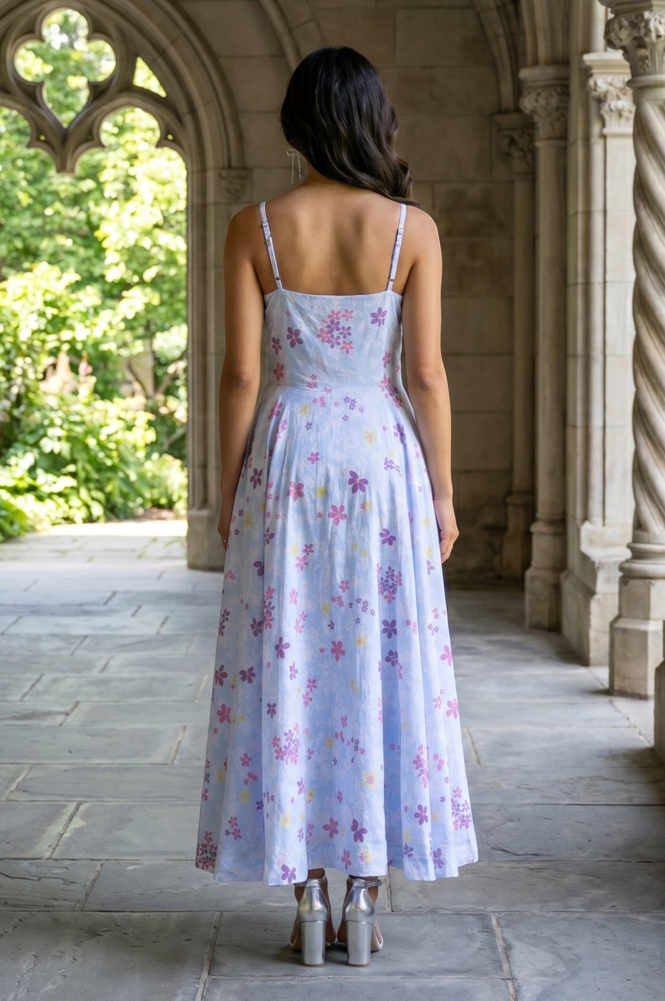 Light Blue Floral Printed Sleeveless Chanderi Flared Western Dress