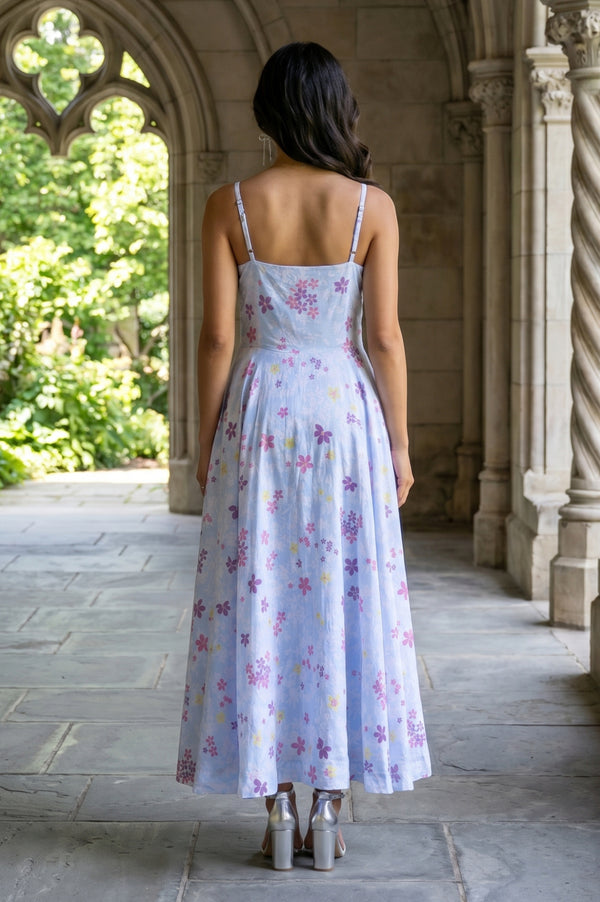 Light Blue Floral Printed Sleeveless Chanderi Flared Western Dress