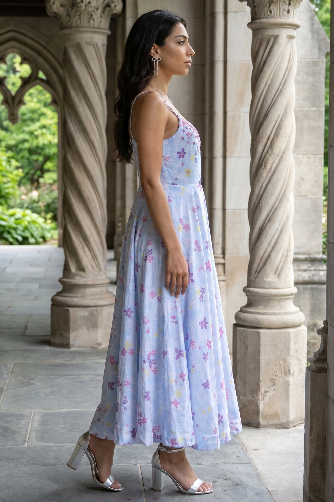 Light Blue Floral Printed Sleeveless Chanderi Flared Western Dress
