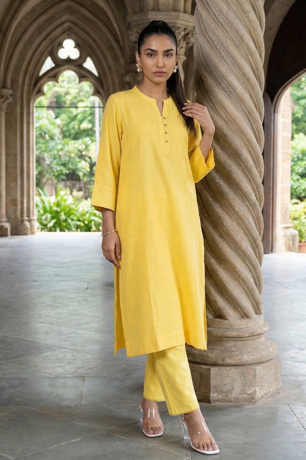 Yellow Solid Rayon Flax Straight Kurta