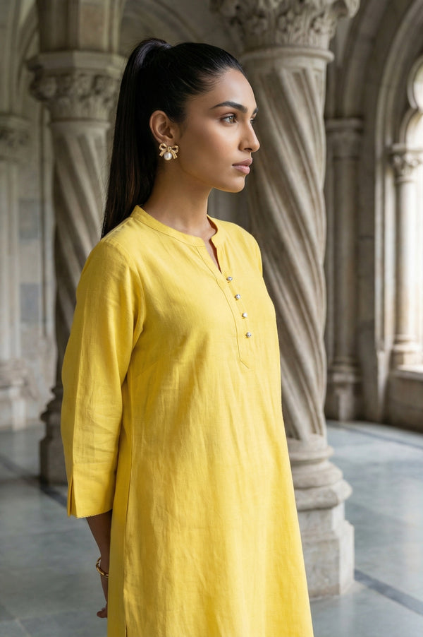 Yellow Solid Rayon Flax Straight Kurta