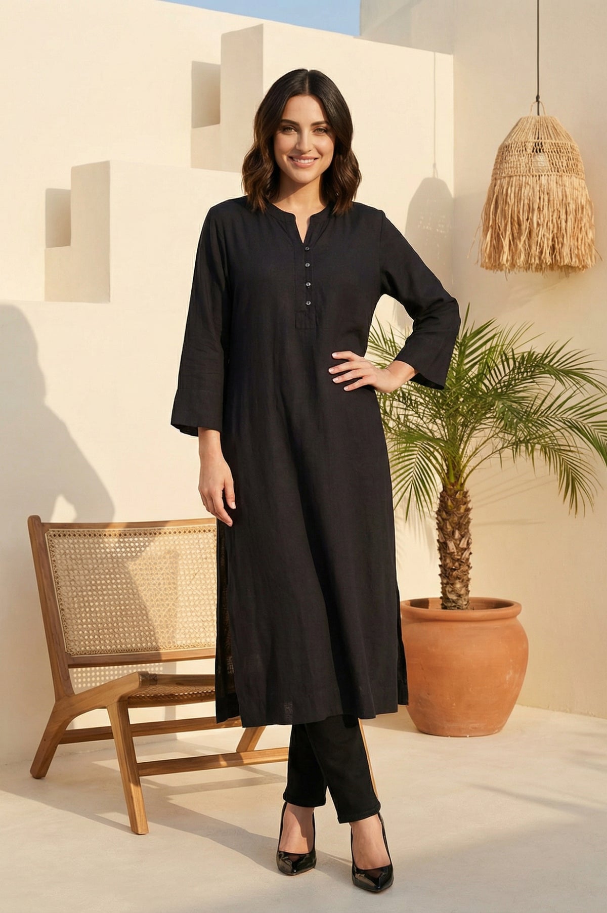 Black Solid Rayon Flax Straight Kurta - S