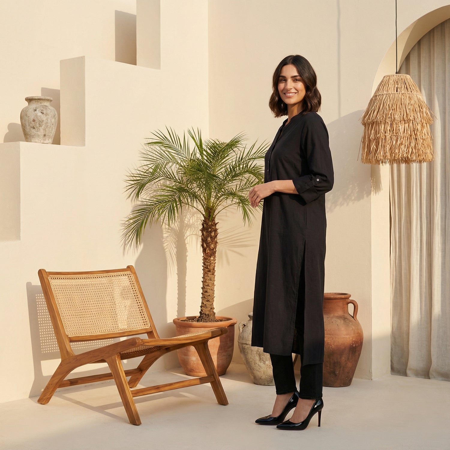 Black Solid Rayon Flax Straight Kurta