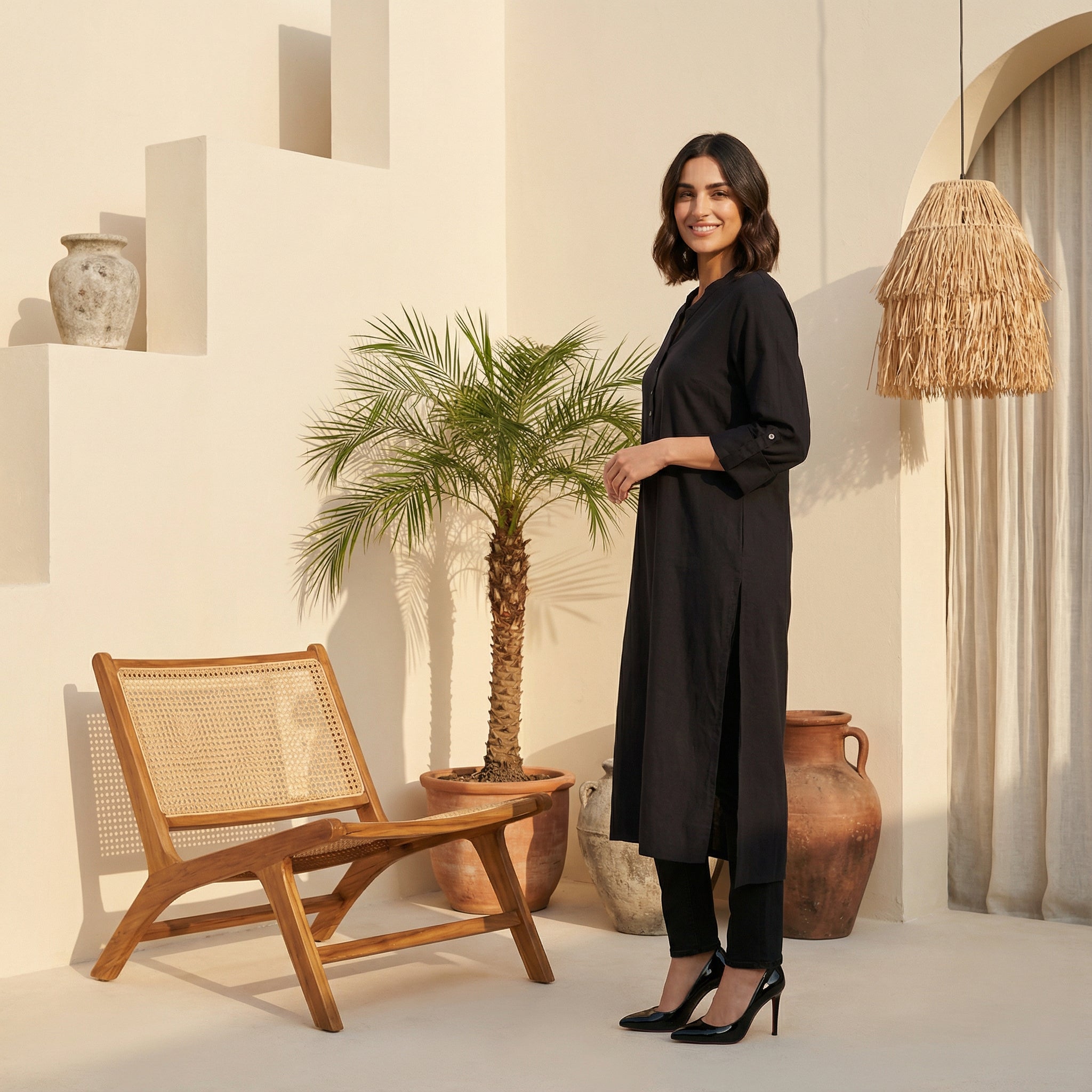 Black Solid Rayon Flax Straight Kurta