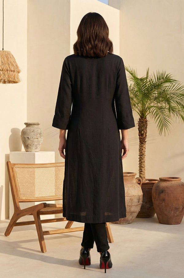 Black Solid Rayon Flax Straight Kurta