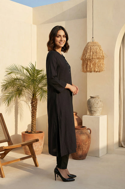 Black Solid Rayon Flax Straight Kurta