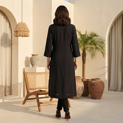 Black Solid Rayon Flax Straight Kurta