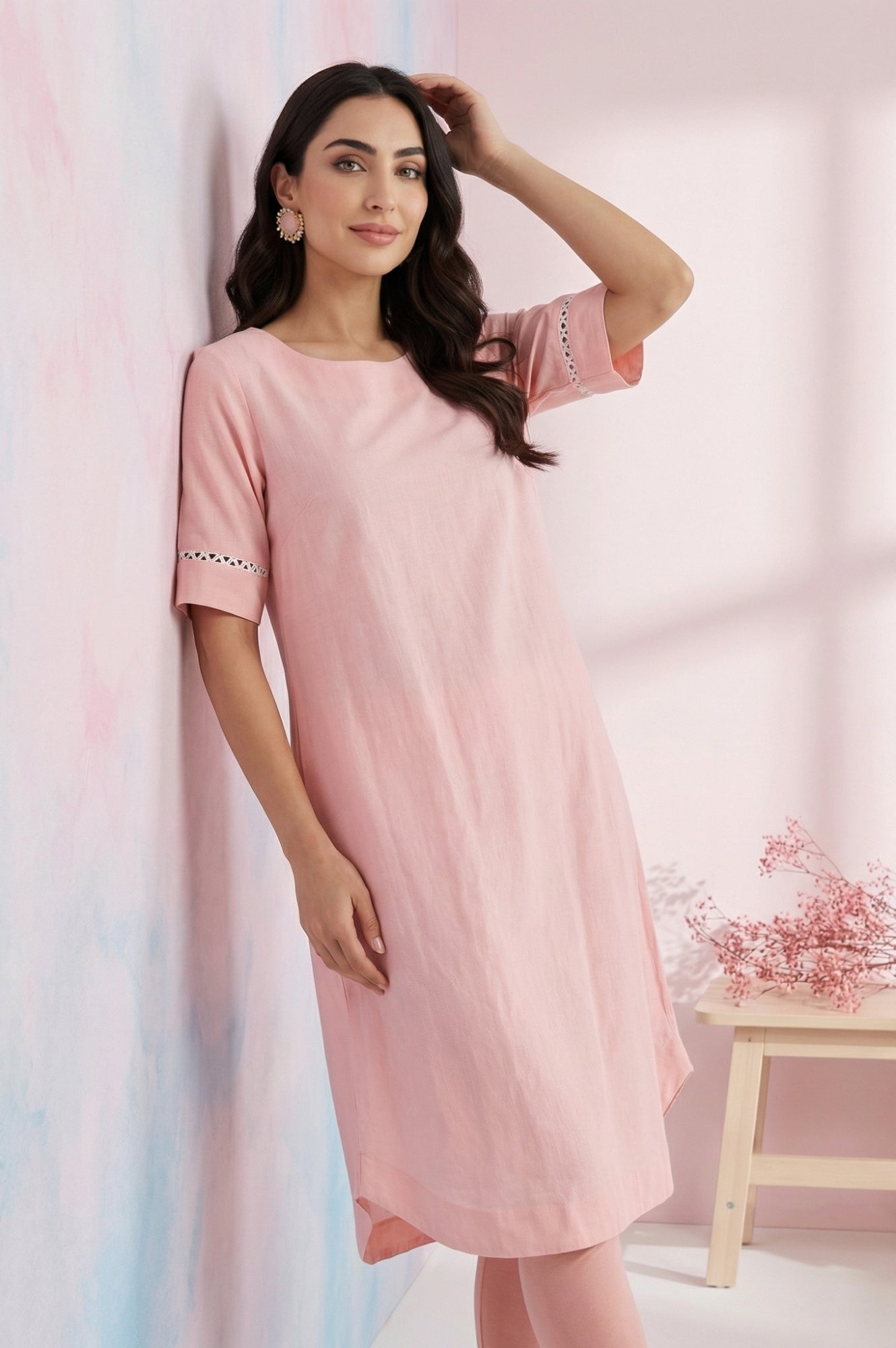 Pink Solid Rayon Flax Straight Kurta