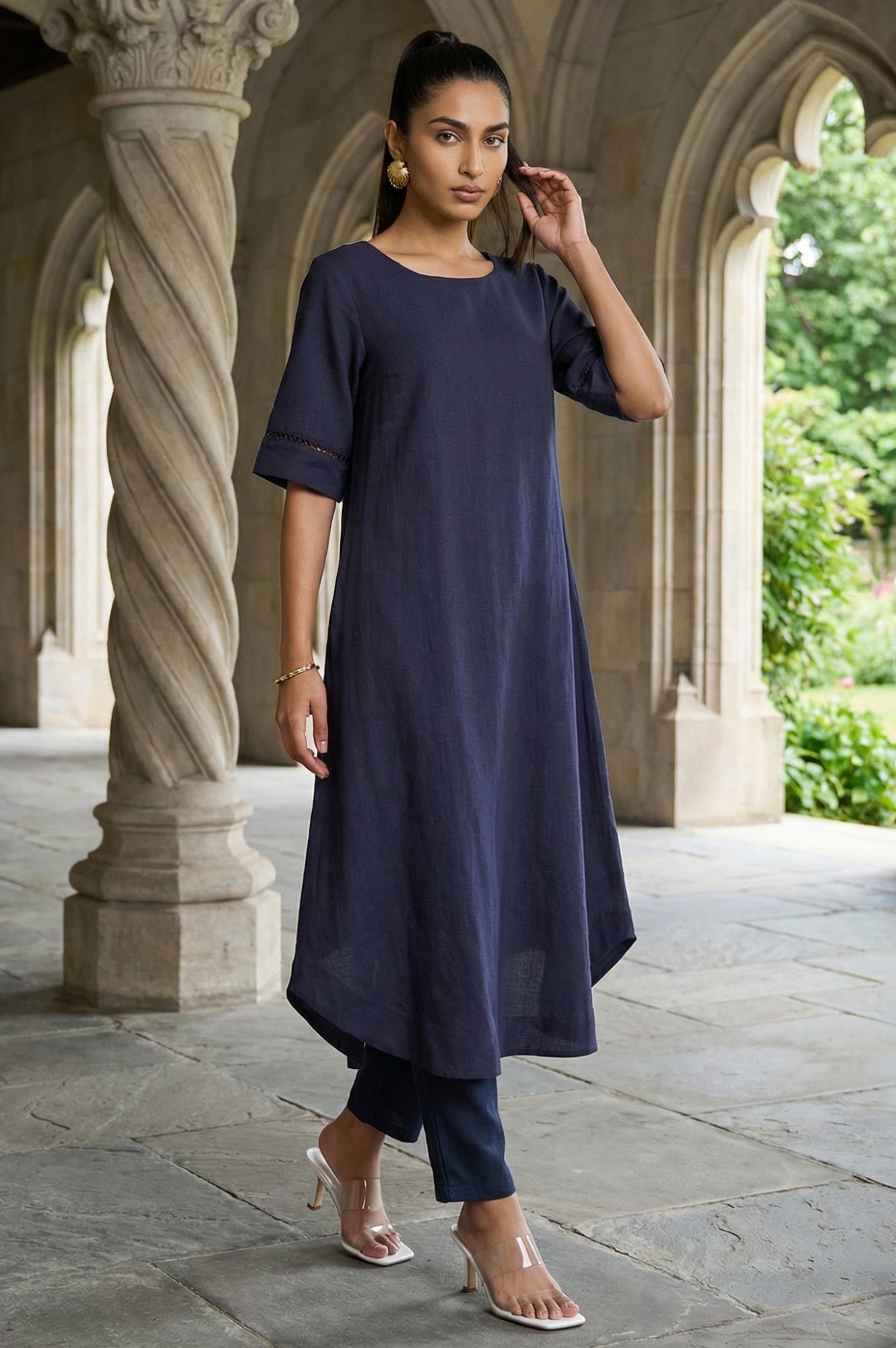 Navy Blue Solid Lace Rayon Flax A-line Kurta
