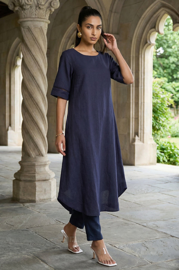 Navy Blue Solid Lace Rayon Flax A-line Kurta
