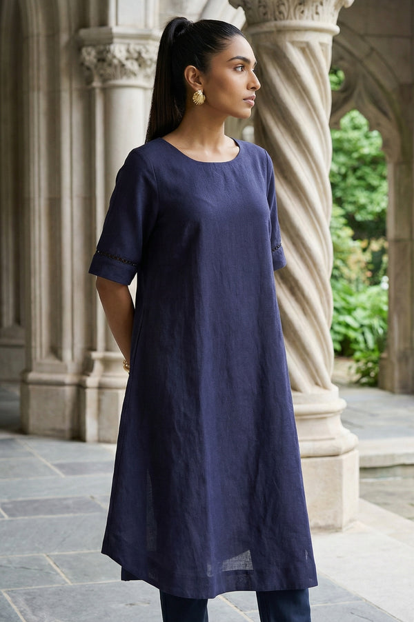 Navy Blue Solid Lace Rayon Flax A-line Kurta