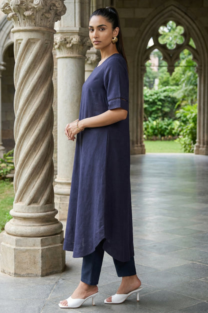 Navy Blue Solid Lace Rayon Flax A-line Kurta