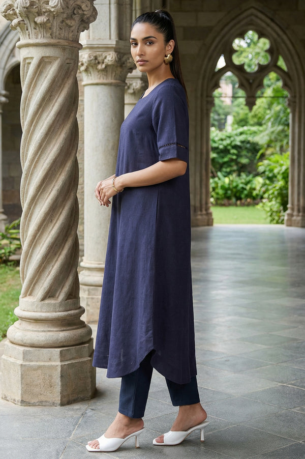 Navy Blue Solid Lace Rayon Flax A-line Kurta
