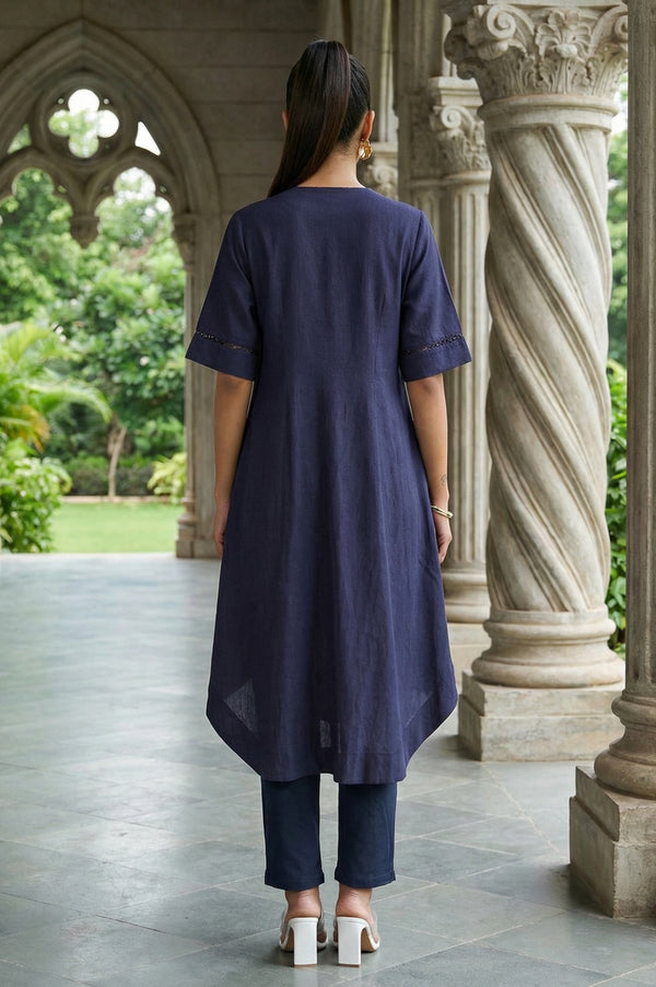 Navy Blue Solid Lace Rayon Flax A-line Kurta