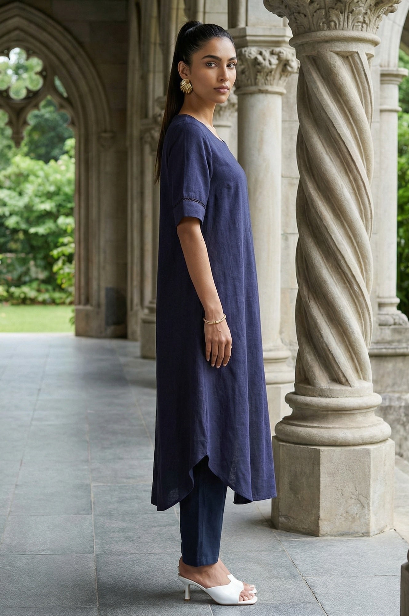 Navy Blue Solid Lace Rayon Flax A-line Kurta