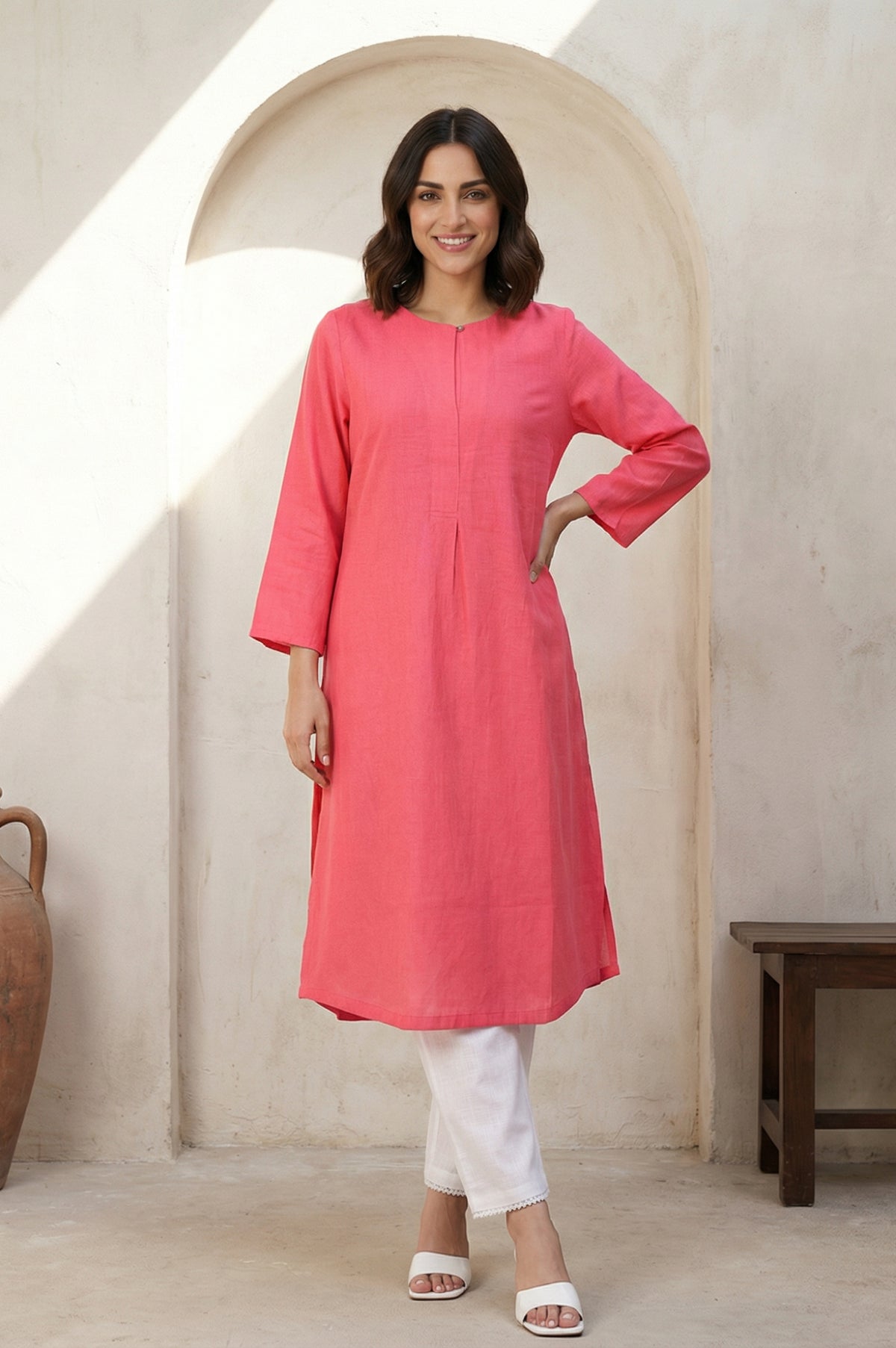 Pink Solid Rayon Straight Kurta - XS