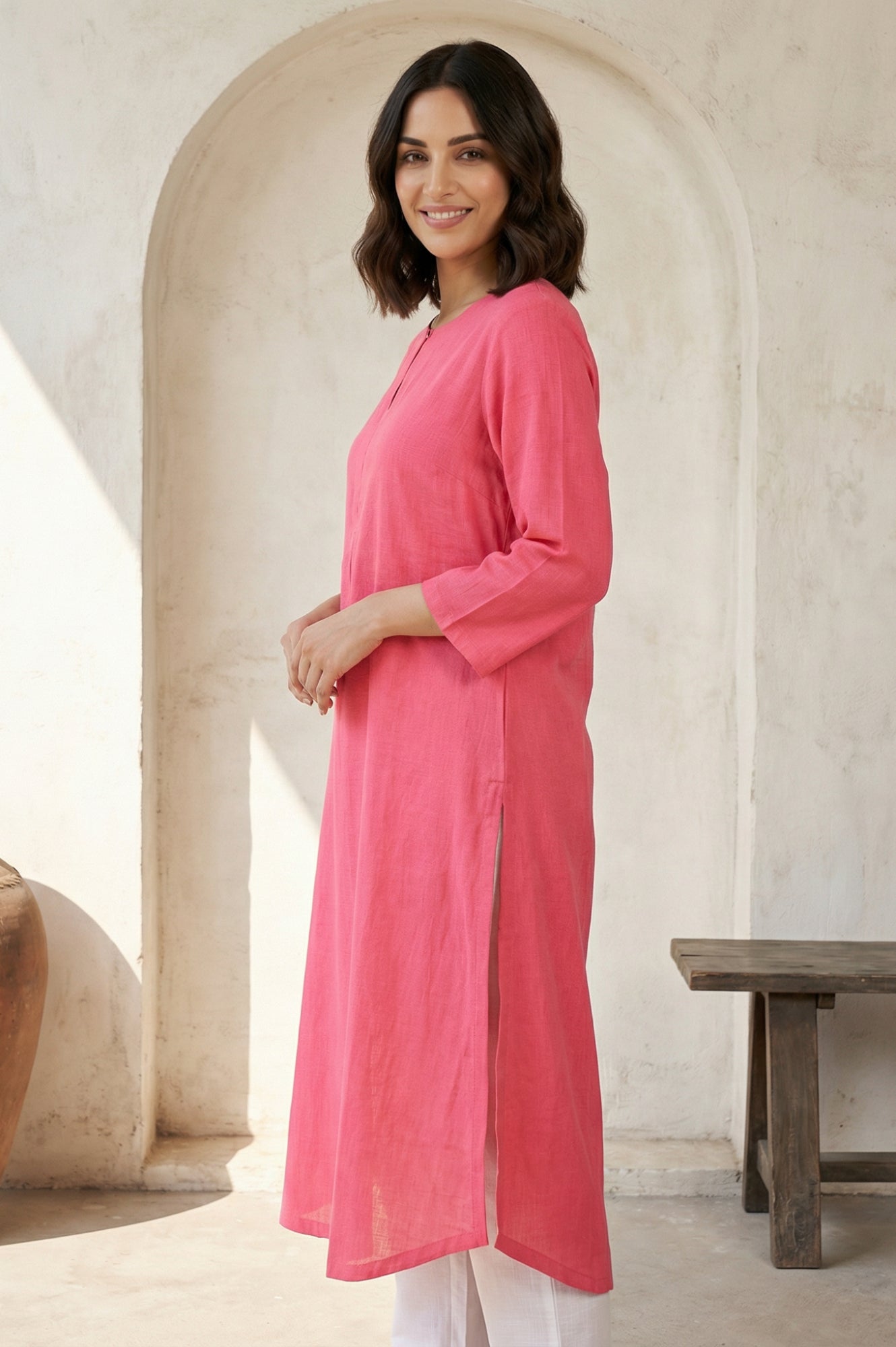 Pink Solid Rayon Straight Kurta