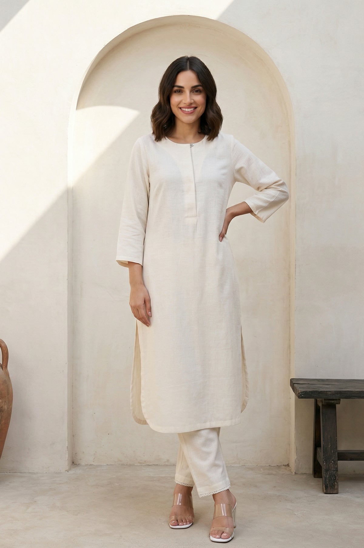 Off White Solid Rayon Straight Kurta - S