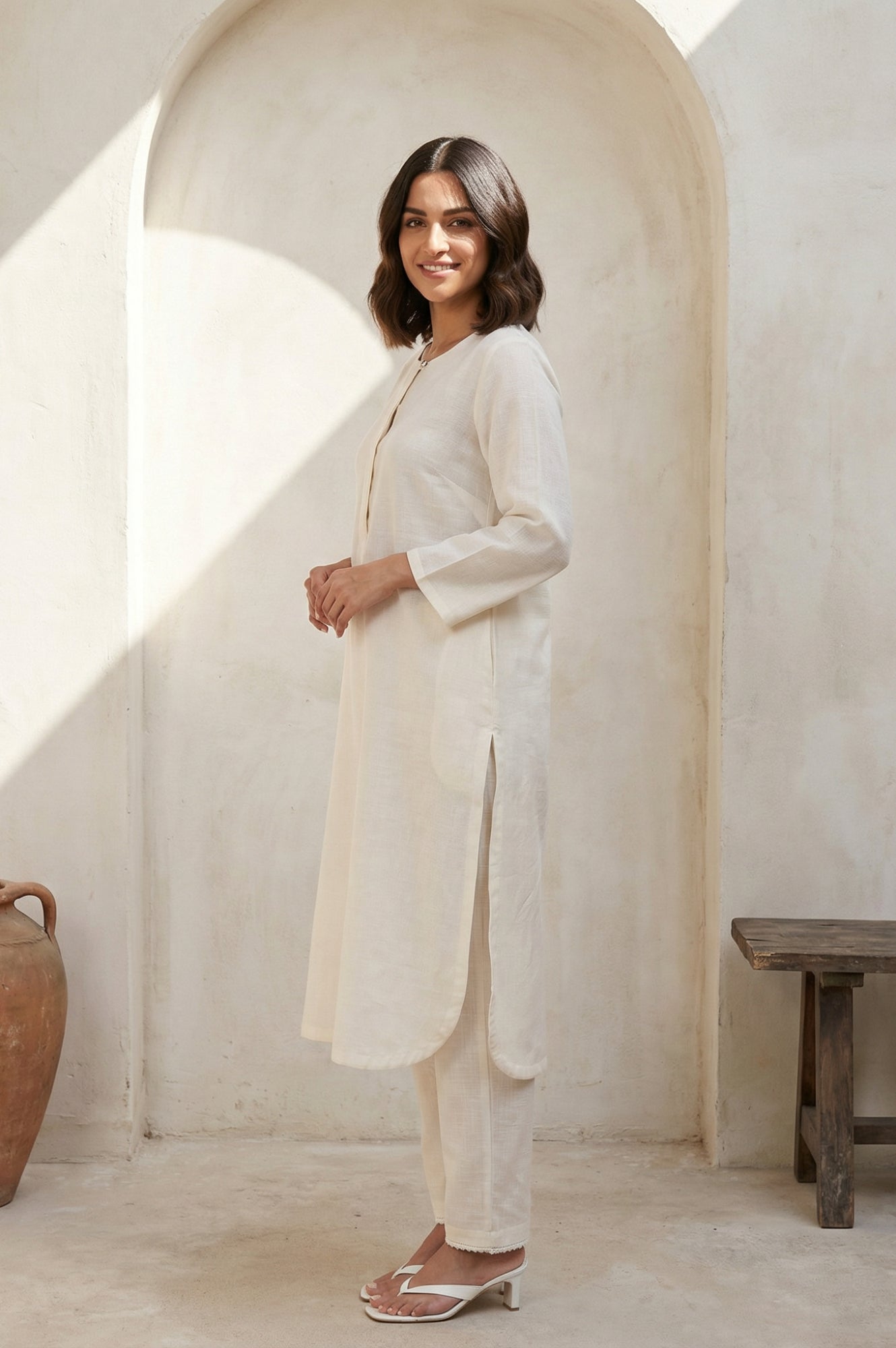 Off White Solid Rayon Straight Kurta