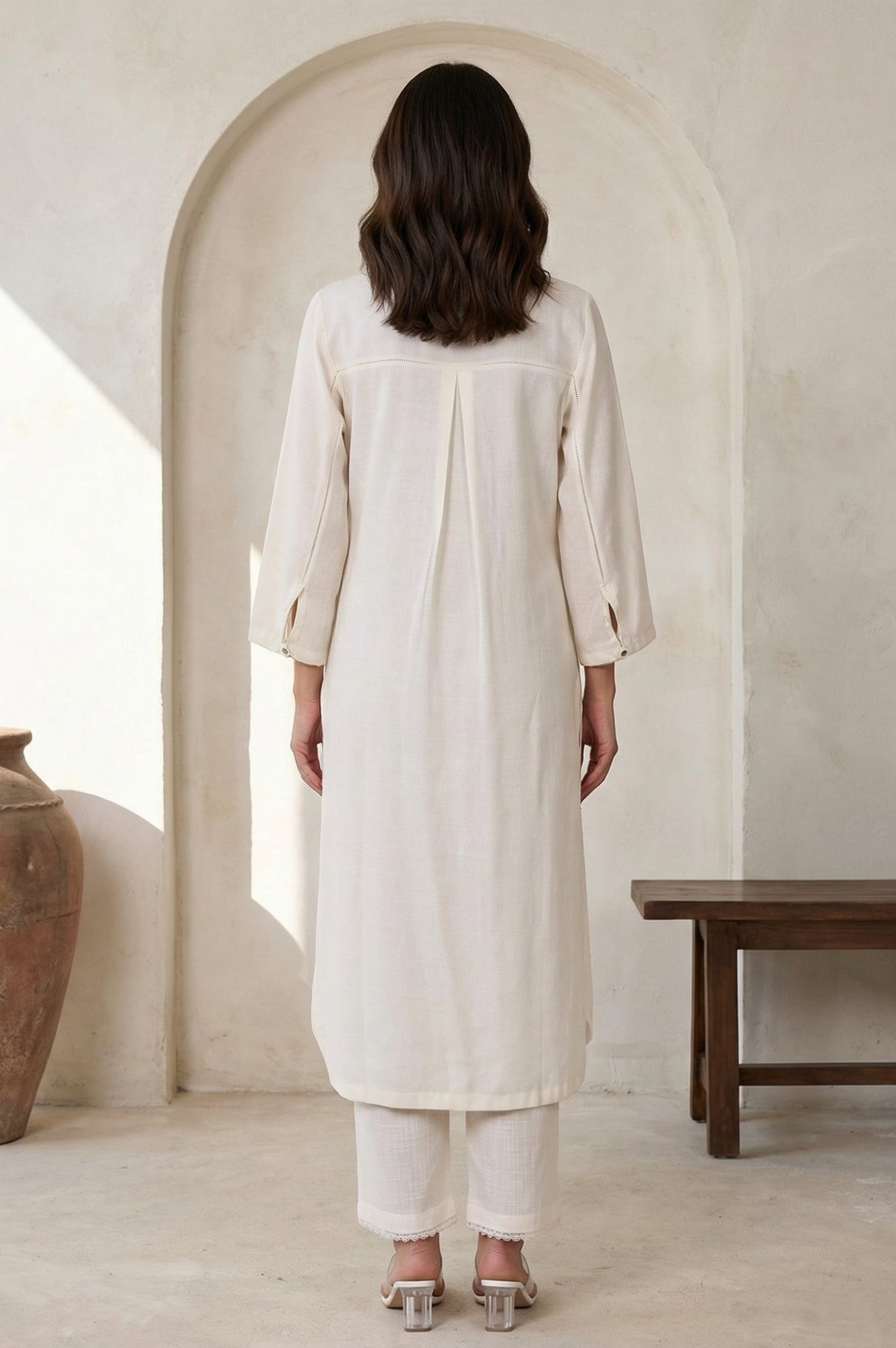 Off White Solid Rayon Straight Kurta