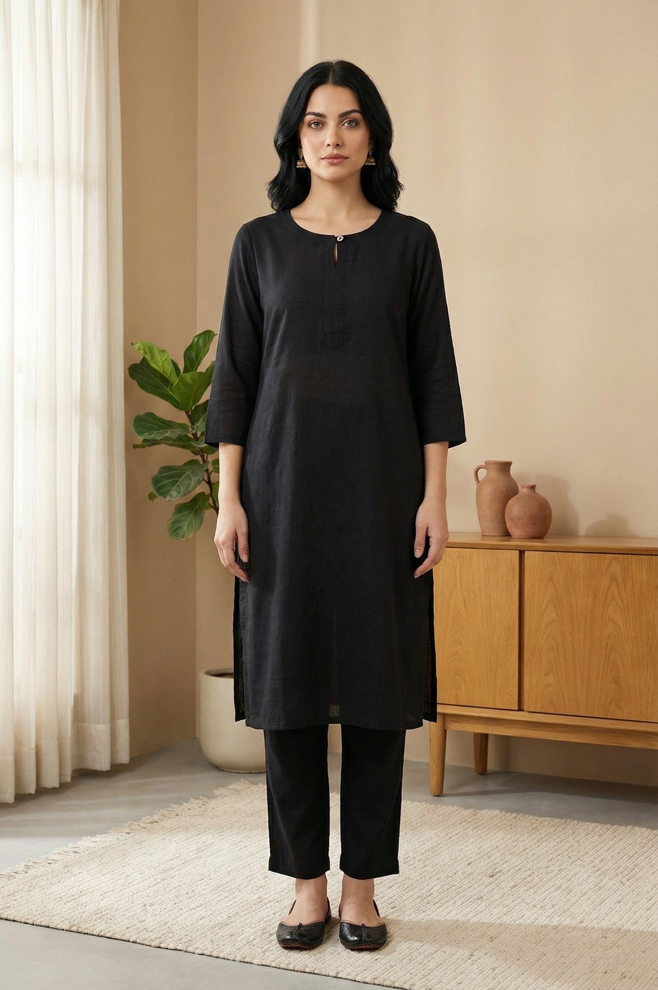 Black Solid Rayon Straight Kurta