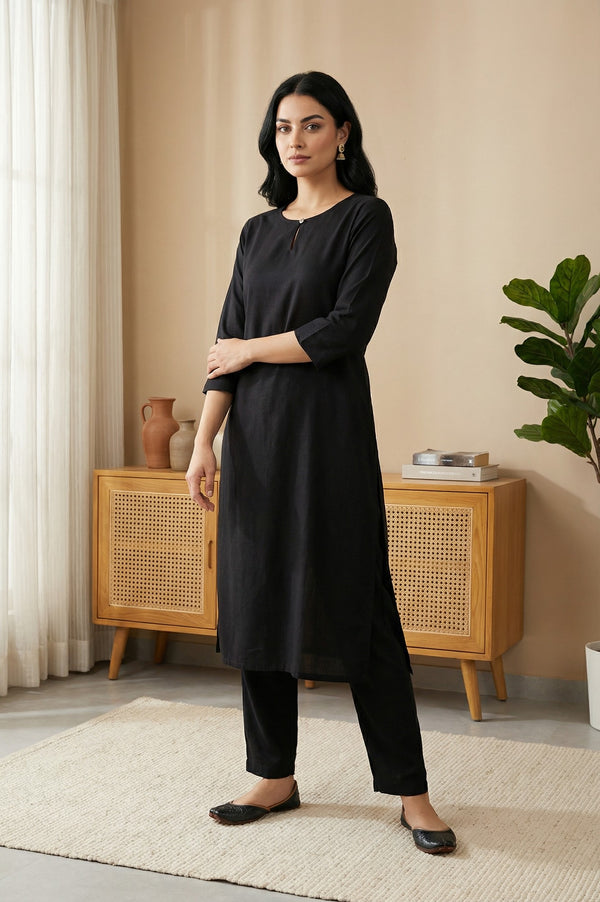 Black Solid Rayon Straight Kurta