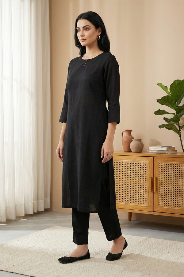 Black Solid Rayon Straight Kurta