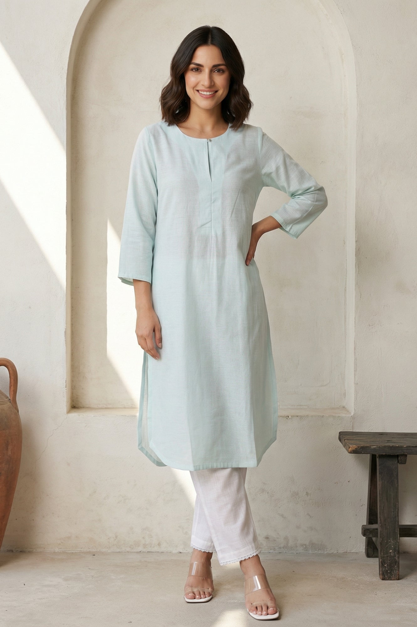Blue Solid Rayon Straight Kurta