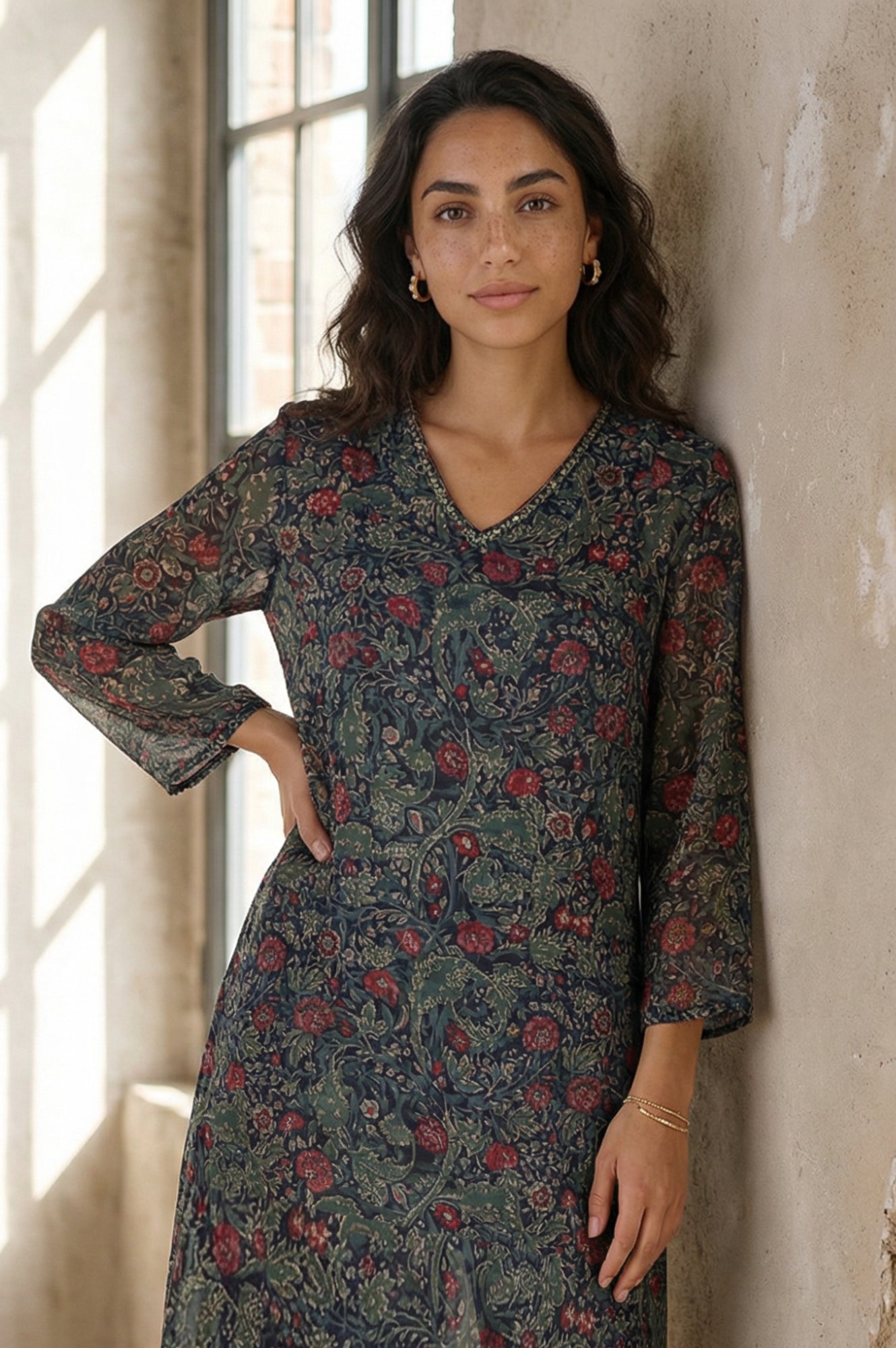 Black Floral Printed Sequins Chiffon Straight Kurta