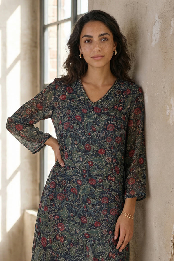 Black Floral Printed Sequins Chiffon Straight Kurta