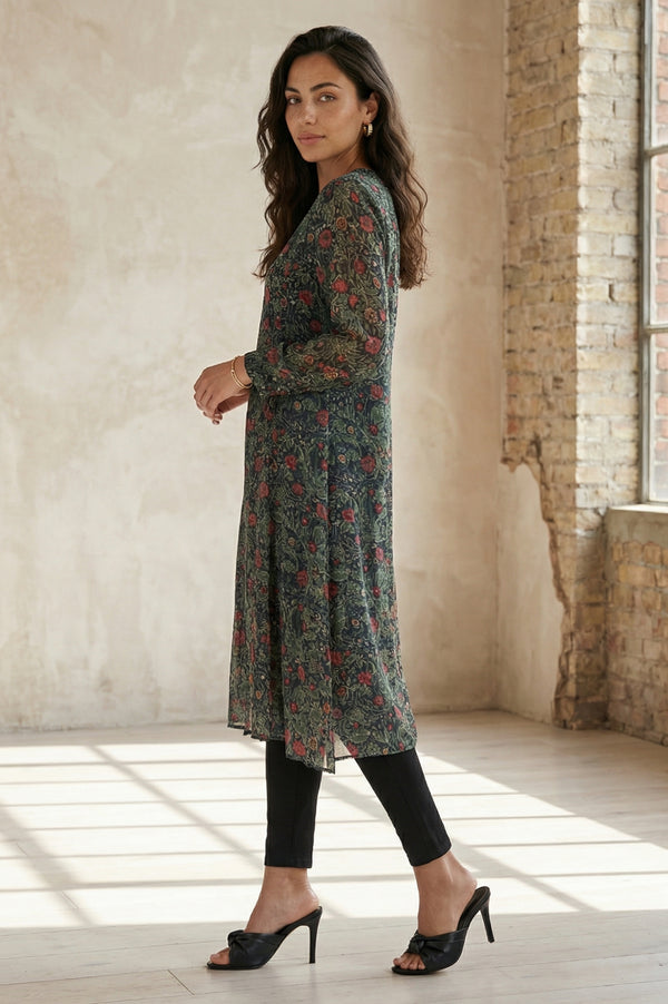 Black Floral Printed Sequins Chiffon Straight Kurta