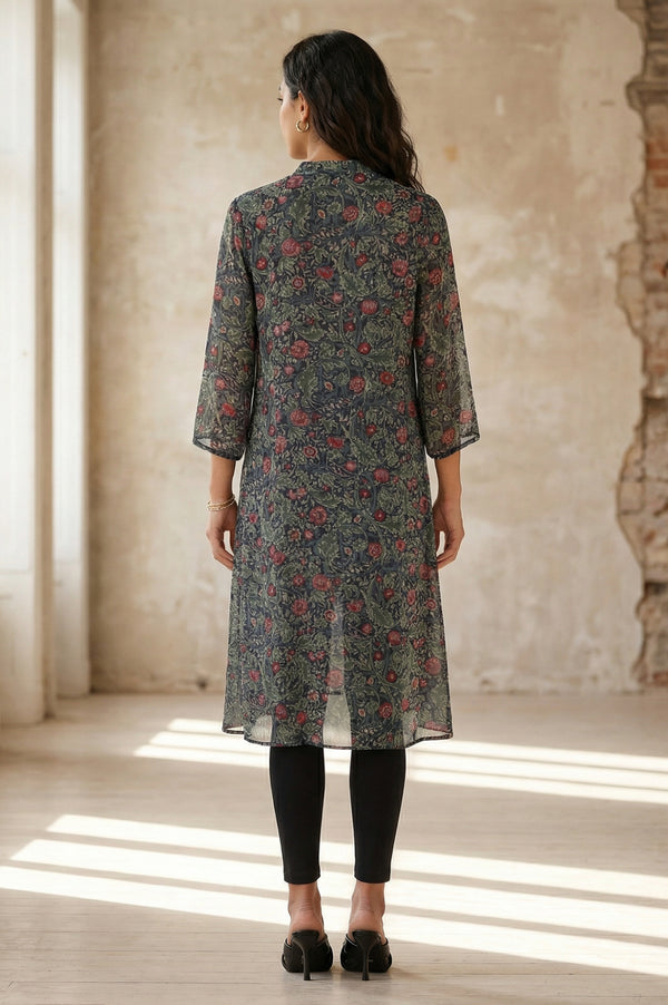 Black Floral Printed Sequins Chiffon Straight Kurta