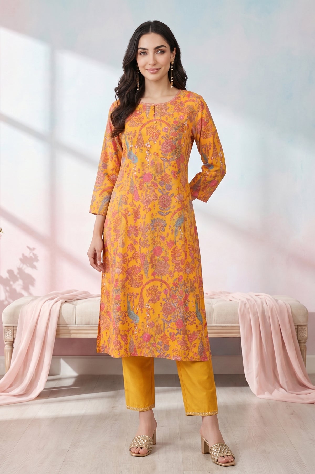 Yellow Floral Printed Modal Straight Kurta