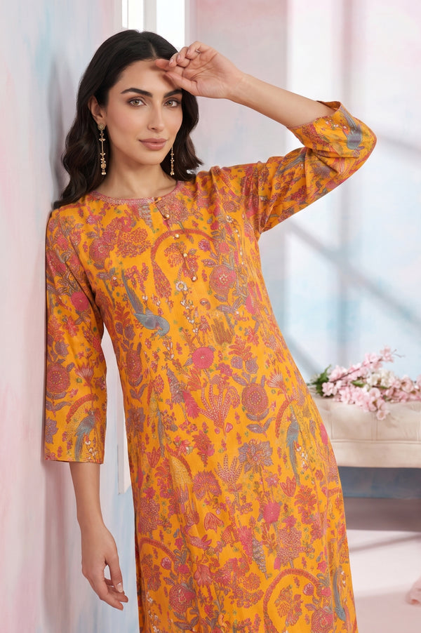 Yellow Floral Printed Modal Straight Kurta