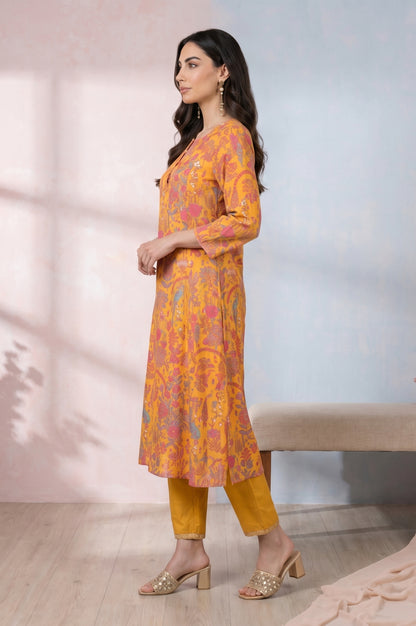 Yellow Floral Printed Modal Straight Kurta