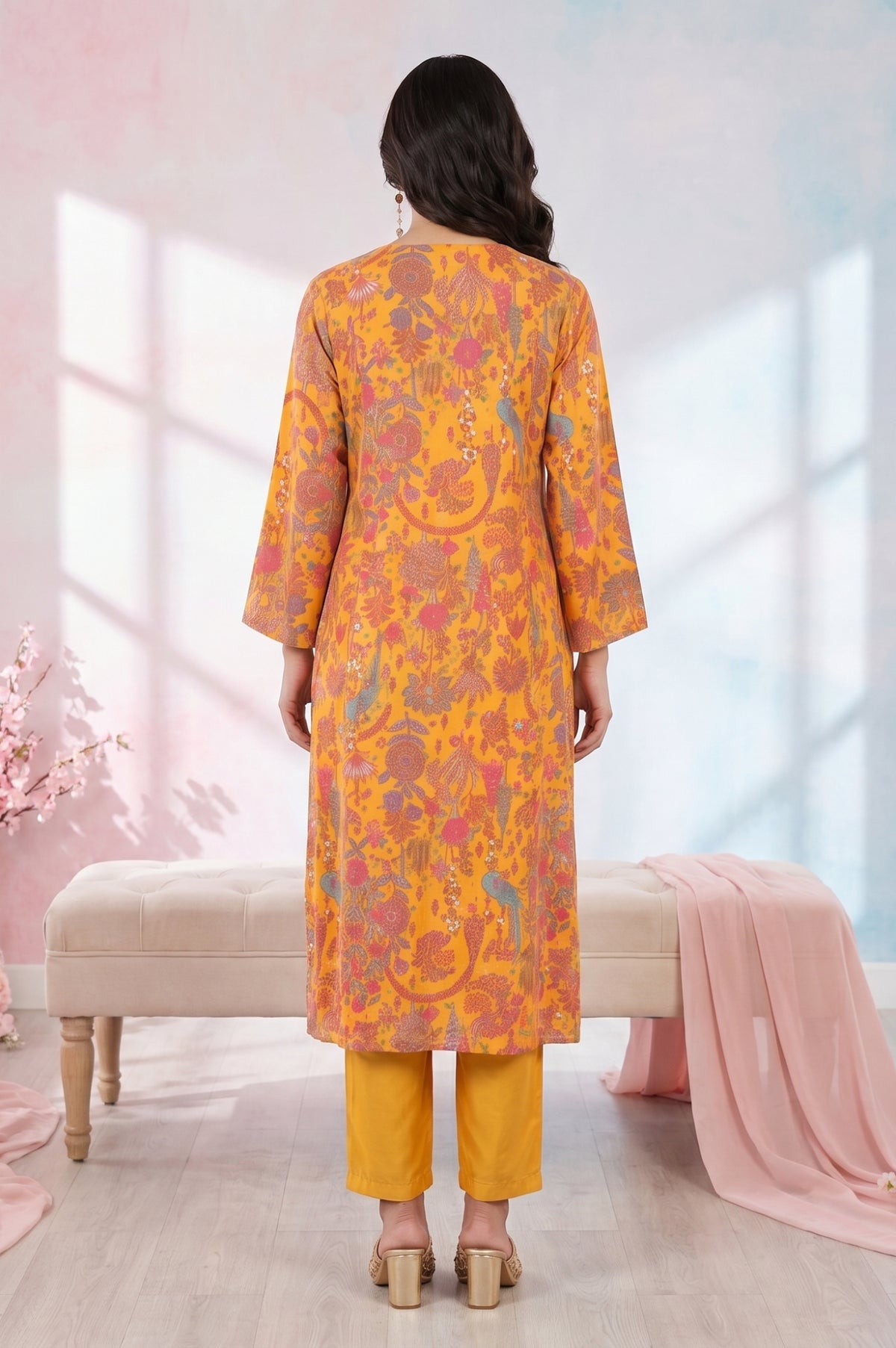 Yellow Floral Printed Modal Straight Kurta